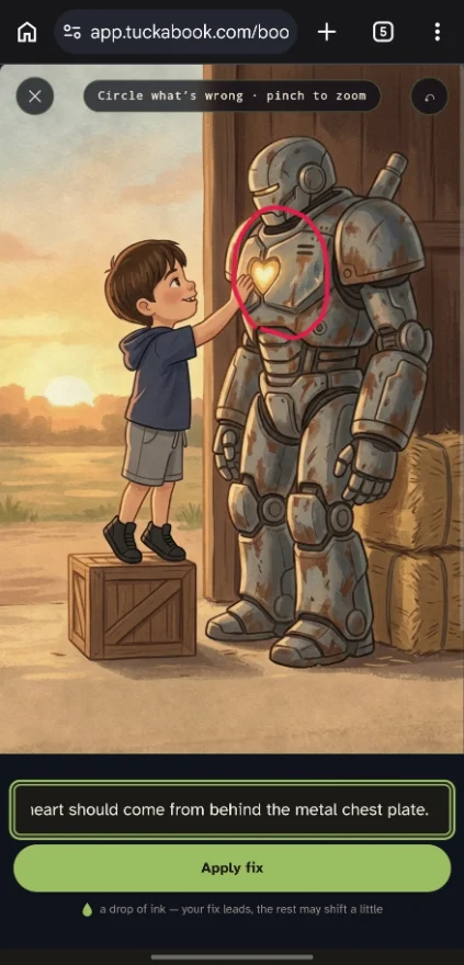 Fixing a spot in the app: a boy reaching up to a rusted iron giant, one region circled in pink, with a note above an Apply fix button.