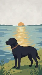 A storybook page of the same Labrador watching the sun go down over a lake, in flat poster-like colour.
