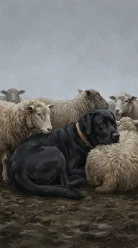 A storybook page of the same Labrador lying among a flock of sheep, painted in soft realistic light.