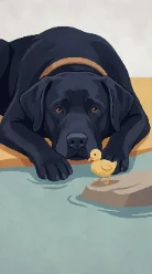A storybook page of the same Labrador resting his head beside a duckling. Same face, same collar, page after page.