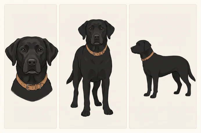 The locked drawing of the same Labrador at three angles: face, front and side, all in one consistent style.