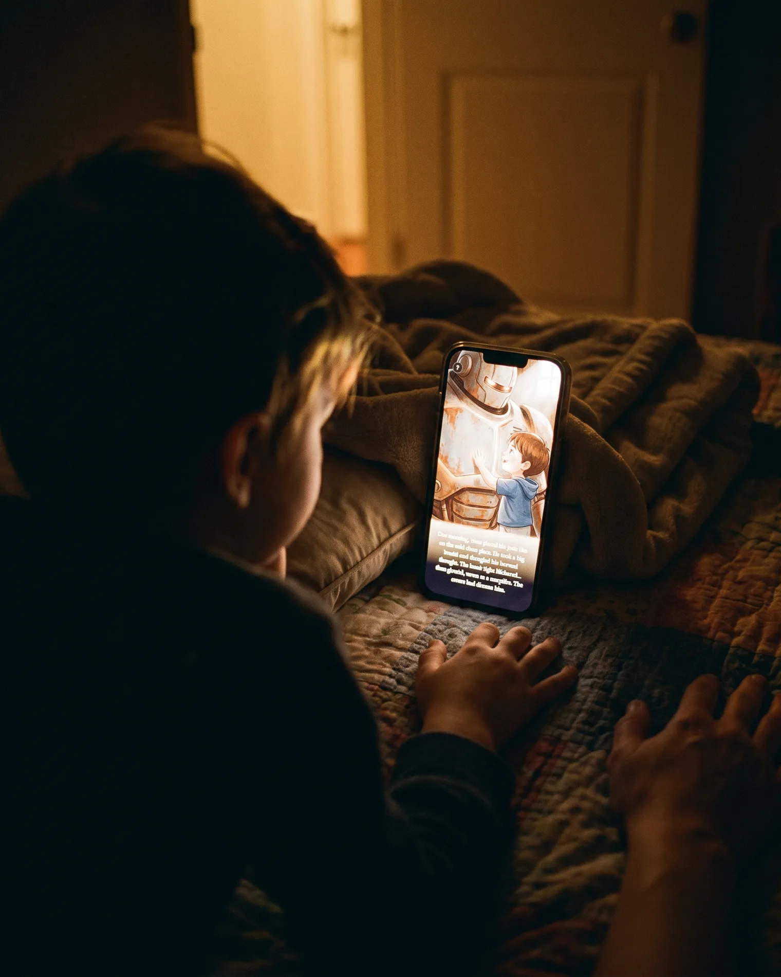 Over a child's shoulder at bedtime: a TuckABook page glowing on a phone stood upright against a folded blanket.