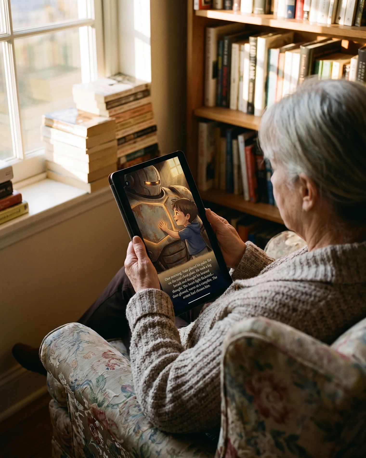 A grandmother in a floral armchair by a window, holding a tablet upright to read a TuckABook page, shelves and stacks of books around her.